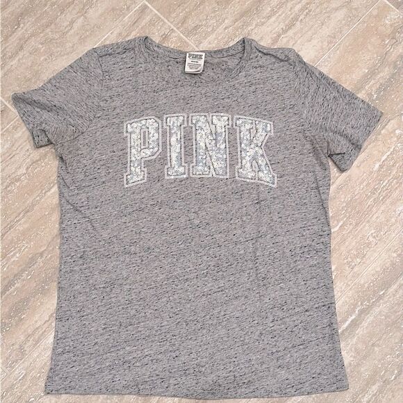 PINK short sleeve grey T with sequin logo - size M - Picture 1 of 4